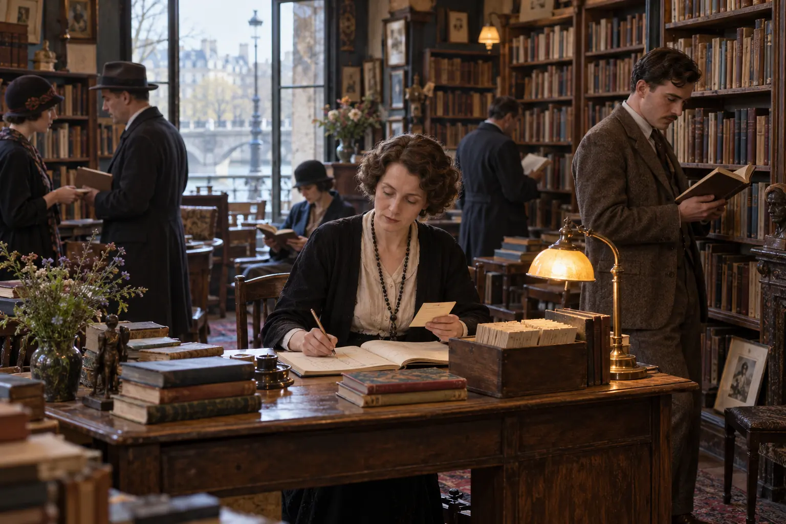 Sylvia Beach enregistrant un prêt dans sa librairie-bibliothèque parisienne des années 1920, avec des lecteurs parmi les rayonnages